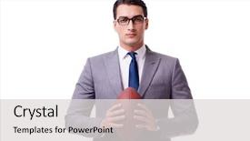  Presentation with american football - Slide deck consisting of superbowl - businessman with american football isolated background and a light gray colored foreground