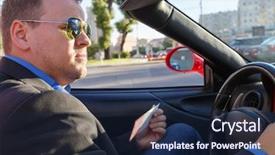  Presentation with attention and driving - Presentation theme with supercar - young businessman behind wheel driving background and a navy blue colored foreground