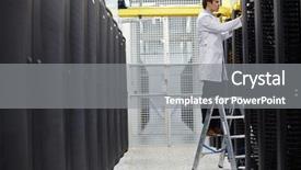  Presentation with data center - Amazing PPT layouts having server farms - it staff standing on ladder backdrop and a dark gray colored foreground