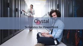  Presentation with servers - Cool new presentation theme with supercomputer - team of young technicians working backdrop and a seafoam green colored foreground