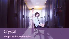  Presentation with servers - Theme having supercomputer - team of young technicians working background and a violet colored foreground