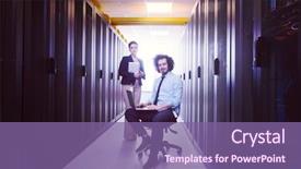  Presentation with team working together - Slide deck featuring supercomputer - team of young technicians working background and a violet colored foreground