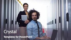  Presentation with team working together - Slide deck enhanced with supercomputer - team of young technicians working background and a dark gray colored foreground