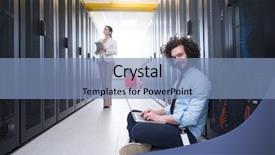  Presentation with servers - Slide deck having supercomputer - team of young technicians working background and a teal colored foreground