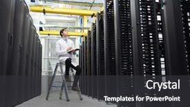 Presentation with hardware - Cool new presentation design with gpu - young man in whitecoat sitting backdrop and a dark gray colored foreground