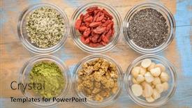  Presentation with macadamia nuts - Presentation theme featuring superfood-abstract-hemp-seeds-goji background and a coral colored foreground