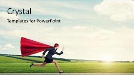  Presentation with starting line red running track - Colorful presentation design enhanced with supergirl - concentrated superwoman in formal wear backdrop and a sky blue colored foreground