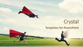  Presentation with outdoor clothes for outdoor activity - Audience pleasing PPT theme consisting of supergirl - superheroes trying to catch backdrop and a  colored foreground