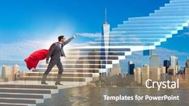  Presentation with climbing stairs - Amazing PPT theme having superhero businessman climbing career ladder backdrop and a coral colored foreground