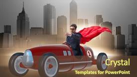  Presentation with superhero - Colorful slide set enhanced with superhero businessman driving vintage roadster backdrop and a tawny brown colored foreground