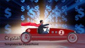  Presentation with superhero - PPT theme with superhero businessman driving vintage roadster background and a tawny brown colored foreground