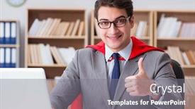  Presentation with superhero - Colorful PPT layouts enhanced with superhero-businessman-working backdrop and a gray colored foreground