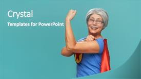  Presentation with superhero - Beautiful theme featuring superhero costume posing on turquoise backdrop and a teal colored foreground