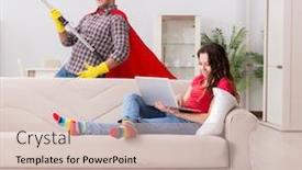  Presentation with husband and wife - Beautiful PPT theme featuring superhero-husband-helping-his-wife backdrop and a soft green colored foreground