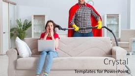  Presentation with superhero - Slide deck having superhero-husband-helping-his-wife background and a light gray colored foreground