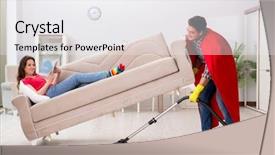  Presentation with helping man - Amazing PPT theme having superhero husband helping his wife backdrop and a  colored foreground