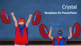  Presentation with cartoon superhero - Cool new slide deck with superhero kids lifting cartoon backdrop and a ocean colored foreground