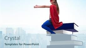  Presentation with superhero - Audience pleasing slide set consisting of superhero little girl in education concept backdrop and a sky blue colored foreground
