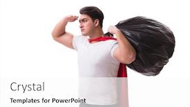  Presentation with garbage - Audience pleasing presentation design consisting of superhero man with garbage sack isolated on white backdrop and a white colored foreground