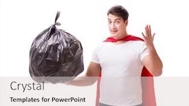  Presentation with garbage - Cool new presentation theme with superhero man with garbage sack isolated on white backdrop and a light gray colored foreground