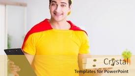  Presentation with pizza delivery - PPT theme having superhero-pizza-delivery-guy background and a yellow colored foreground
