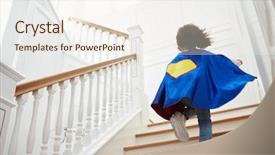 Presentation with superhero - PPT theme consisting of superhero playing game on stairs background and a cream colored foreground