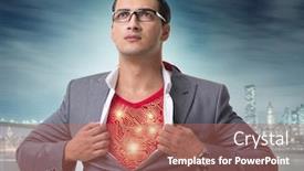  Presentation with save - PPT theme enhanced with superhero-preparing-to-save background and a coral colored foreground