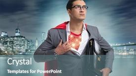  Presentation with save - PPT theme enhanced with superhero preparing to save the city background and a ocean colored foreground