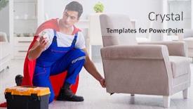  Presentation with repair - Audience pleasing PPT theme consisting of superhero-repairman-with-tools backdrop and a sky blue colored foreground