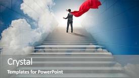  Presentation with businessman climbing the career ladder - Presentation design with superhero successful in career ladder background and a  colored foreground