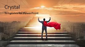  Presentation with businessman climbing the career ladder - PPT theme having superhero successful in career ladder background and a coral colored foreground