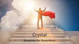  Presentation with businessman climbing the career ladder - Presentation design featuring superhero successful in career ladder background and a coral colored foreground
