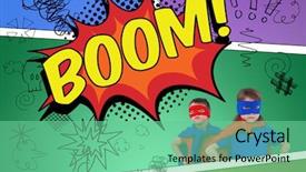  Presentation with children superhero kids aspiration imagination - PPT theme enhanced with superheroes against the word boom background and a seafoam green colored foreground