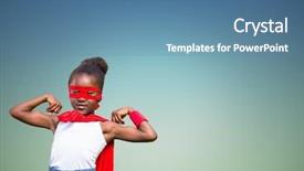  Presentation with flexing - Amazing PPT theme having superherores - portrait of girl in superhero backdrop and a teal colored foreground