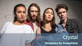  Presentation with friends - Slide set having superior - image of young serious hipsters background and a ocean colored foreground