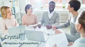  Presentation with african american meeting - Theme enhanced with superior woman - handsome african american manager looking background and a sky blue colored foreground