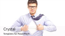  Presentation with superman - Beautiful PPT layouts featuring superman - young handsome man tearing off backdrop and a sky blue colored foreground