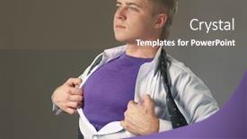  Presentation with superman - Colorful PPT theme enhanced with superman standing isolated on grey background backdrop and a violet colored foreground