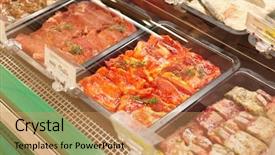  Presentation with supermarket - Slide set featuring supermarket display pre-cooked food background and a coral colored foreground