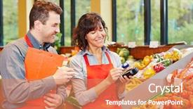  Presentation with staff - Audience pleasing presentation theme consisting of supermarket using mobile data acquisition backdrop and a coral colored foreground