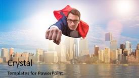  Presentation with superhero - Presentation theme having supernatural - superhero businessman flying background and a coral colored foreground