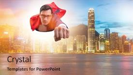  Presentation with superhero - Presentation design featuring supernatural - superhero businessman flying background and a coral colored foreground