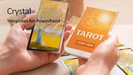  Presentation with application - PPT theme consisting of supernatural - tarot cards and smartphone background and a coral colored foreground
