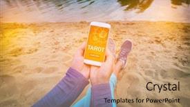  Presentation with divination - Theme consisting of supernatural - woman holding smartphone with modern background and a coral colored foreground