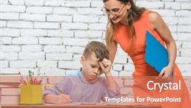  Presentation with foreign boy student - PPT theme having supervision - student boy doing difficult work background and a coral colored foreground