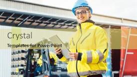  Presentation with truck - Beautiful presentation design featuring supervisor-checking-contents-of-shipment backdrop and a yellow colored foreground