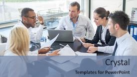  Presentation with business group meeting - Presentation design consisting of group of business people discussing background and a seafoam green colored foreground