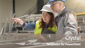  Presentation with factory - PPT theme with overall management - metalworker and engineer meeting background and a gray colored foreground