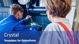  Presentation with lathe - Colorful presentation design enhanced with supervisor-woman-watching-young-worker backdrop and a ocean colored foreground