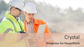  Presentation with construction site construction - PPT theme consisting of supervisors using laptop at construction background and a lemonade colored foreground
